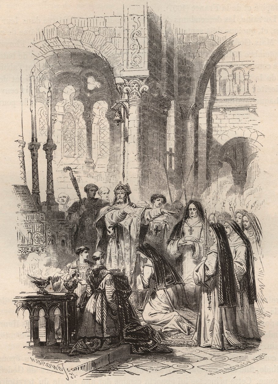 Segling av Saint Cunegonde av Luxemburg (ca 975-1033/1039) år 1024, överlämnad av eveque av Paderborn Meinwerk (ca. 975-1036) i Benediktinerklostret Kaufungen i Tyskland. Gravyr från 1868 i "Histoire de Belgique från primitiv tid till av Unknown artist