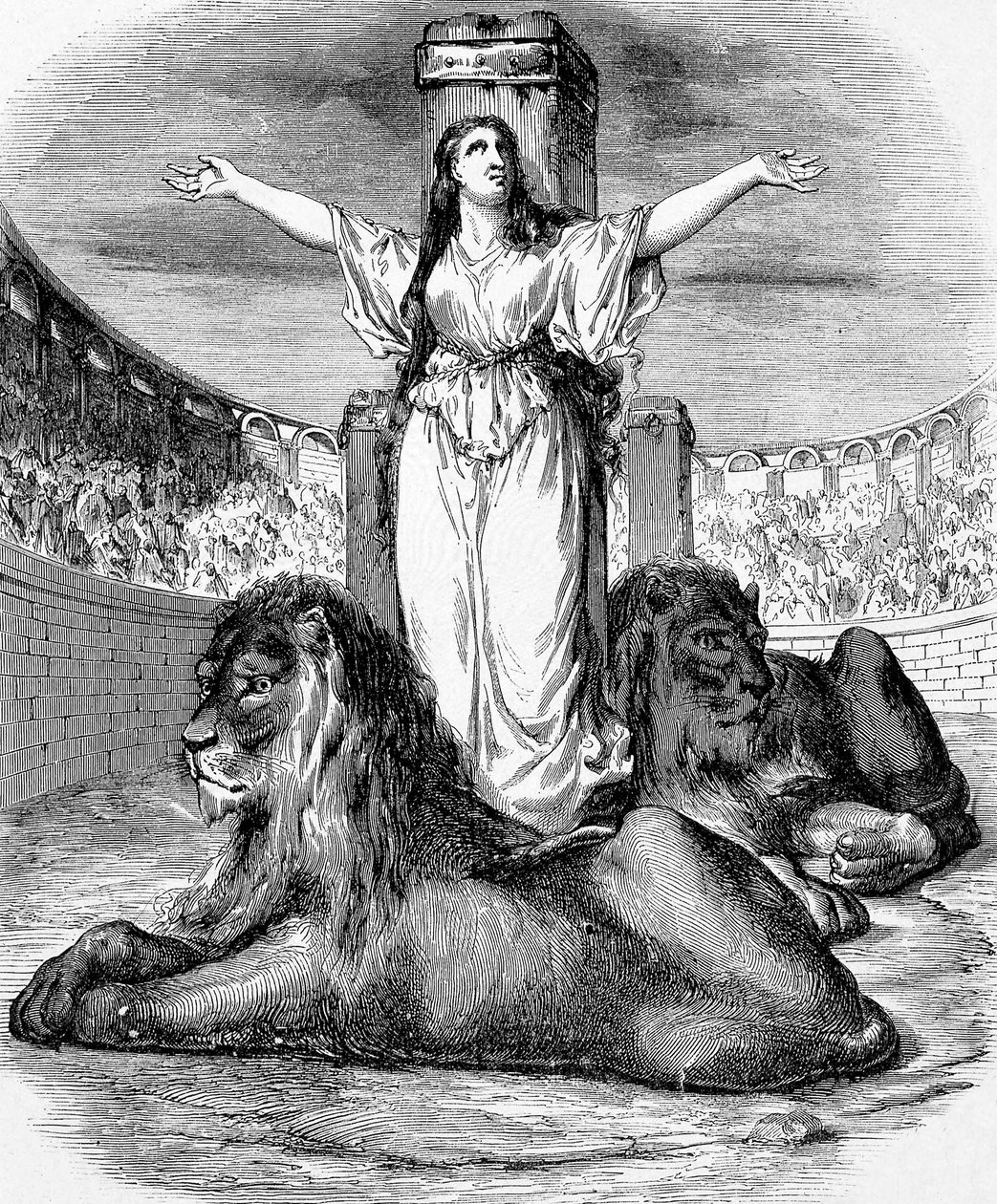 Saint Blandine, ung kristen slav, martyrdöd i lejonring i Lyon 177, gravyr av Unknown artist