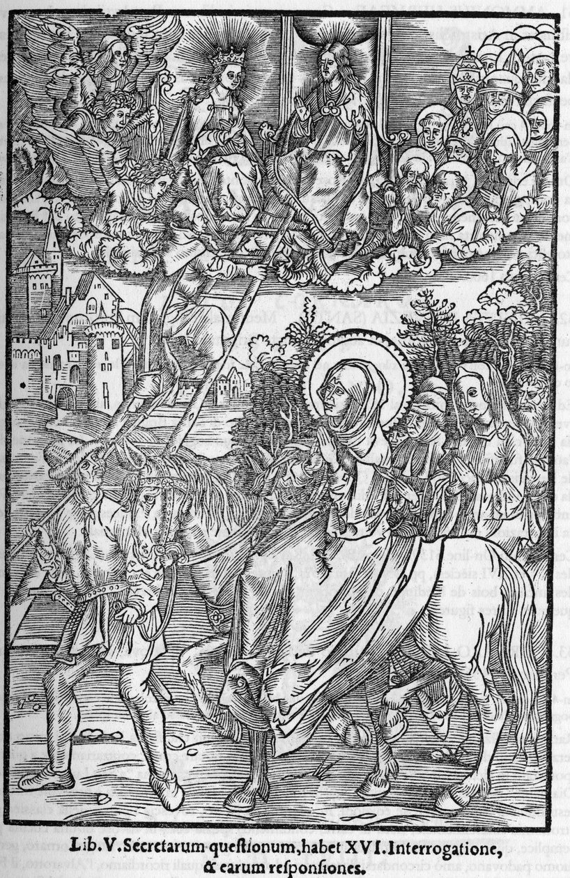 Saint Brigitte de Suede (Santa Brigitta di Svezia) (Brigida, Bridget, Brigite) (1303-1373). Änka, grundare av den Helige Frälsares Orden. Gravyr i "Minnesavbildade böcker av profetior eller visioner" 1556 av Unknown artist