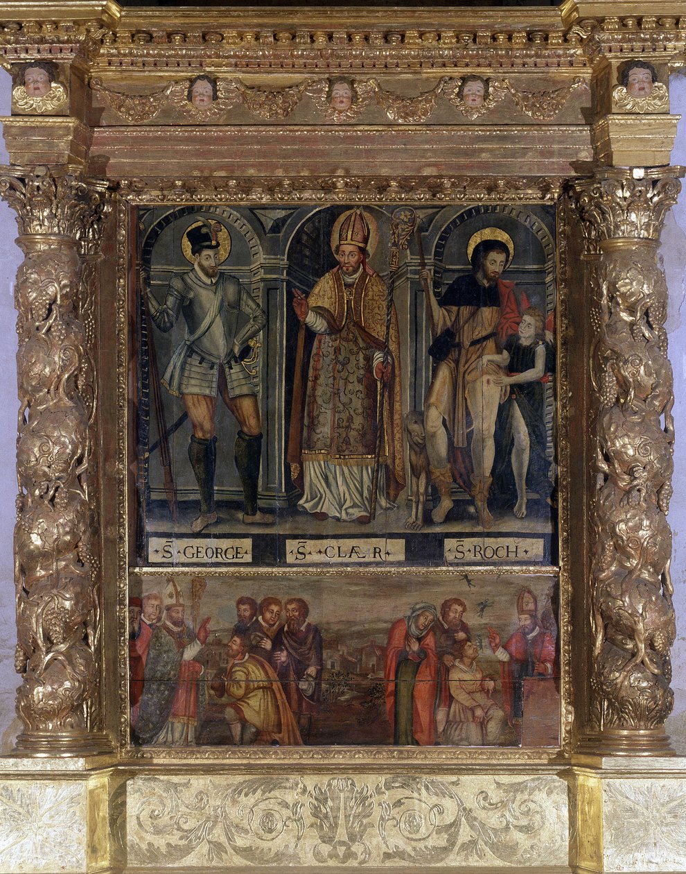 Saint Clair eller Saint Roch Altar: St Roch och pestens knapp och Saint George i stil med Henrik III - Our Lady of the Assumption of Rognes Church av Unknown artist