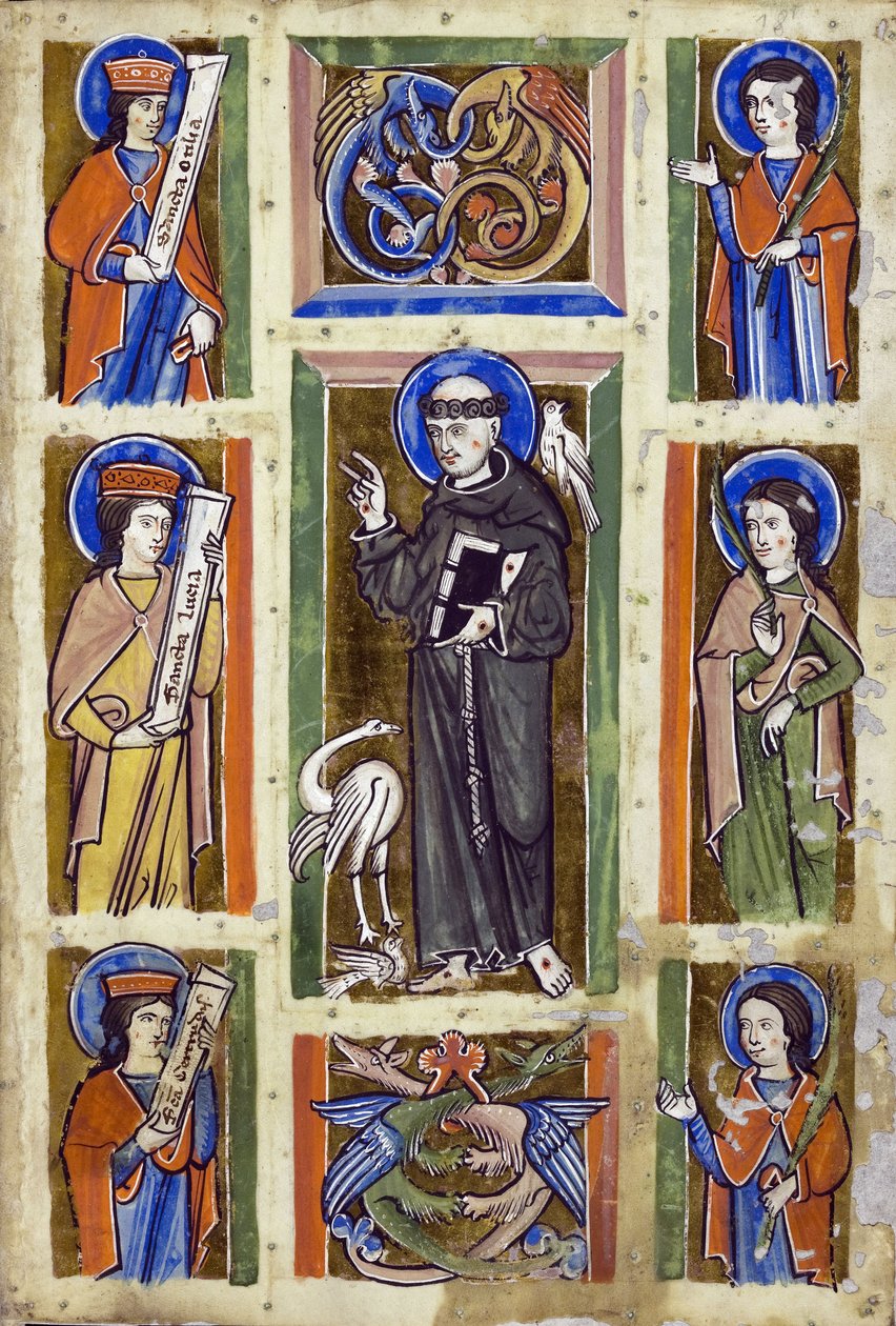 Sankt Franciskus predikar för fåglarna, anonym. Akvarell på pergament, ca 1230-1240, Badische Landesbibliothek av Unknown artist