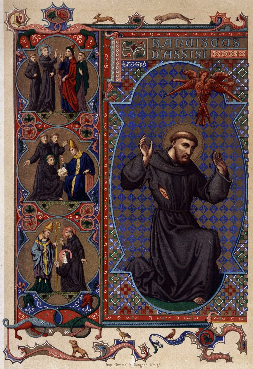 Sankt Franciskus av Assisi och stigmas uppkomst (1224), kromolitografi 1800-talet av Unknown artist