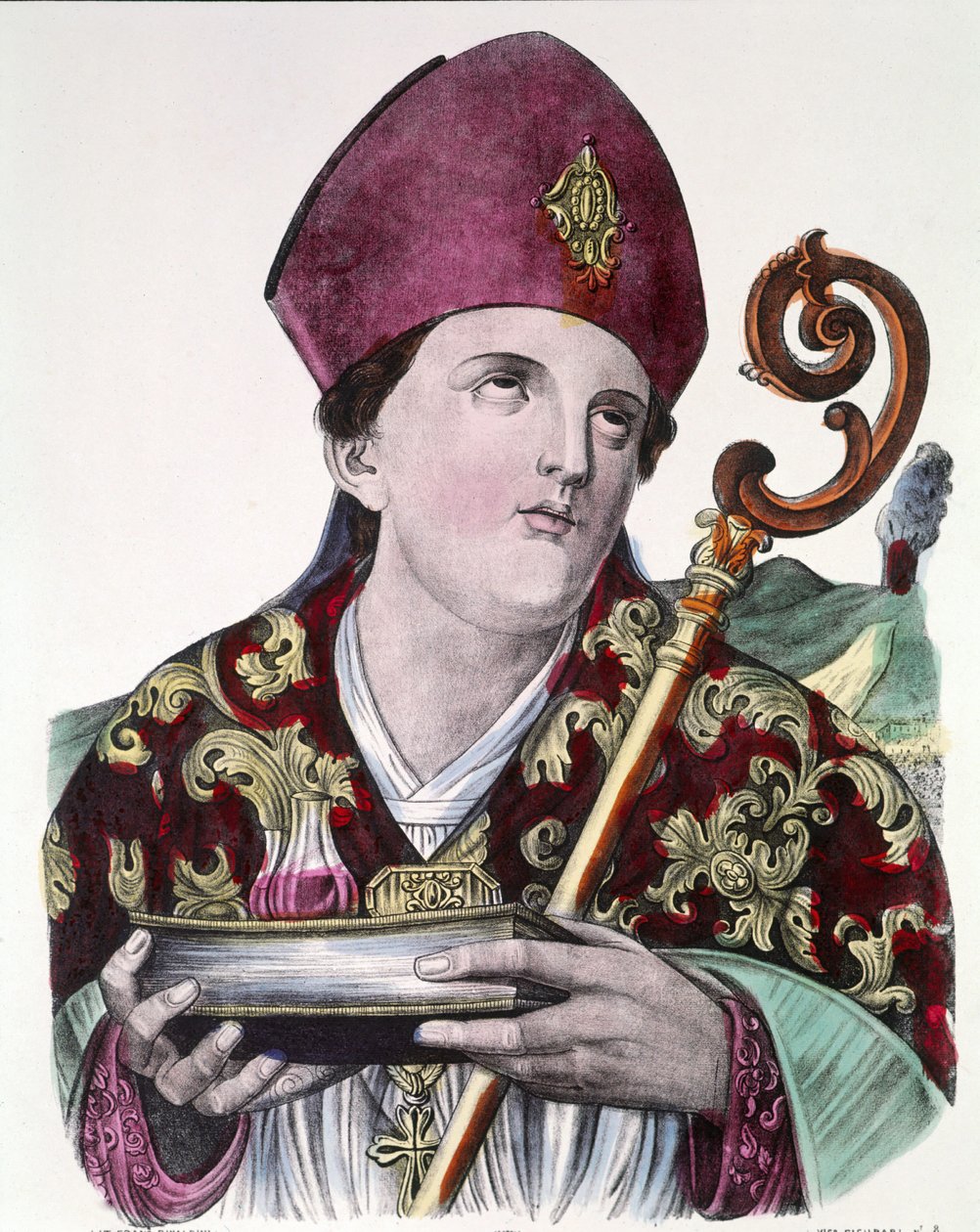 Saint Gennaro eller Saint Janvier, beskyddare av staden Neapel, håller i sina händer ampullen som innehåller hans blod. Färgat populärt tryck från 1800-talet. av Unknown artist