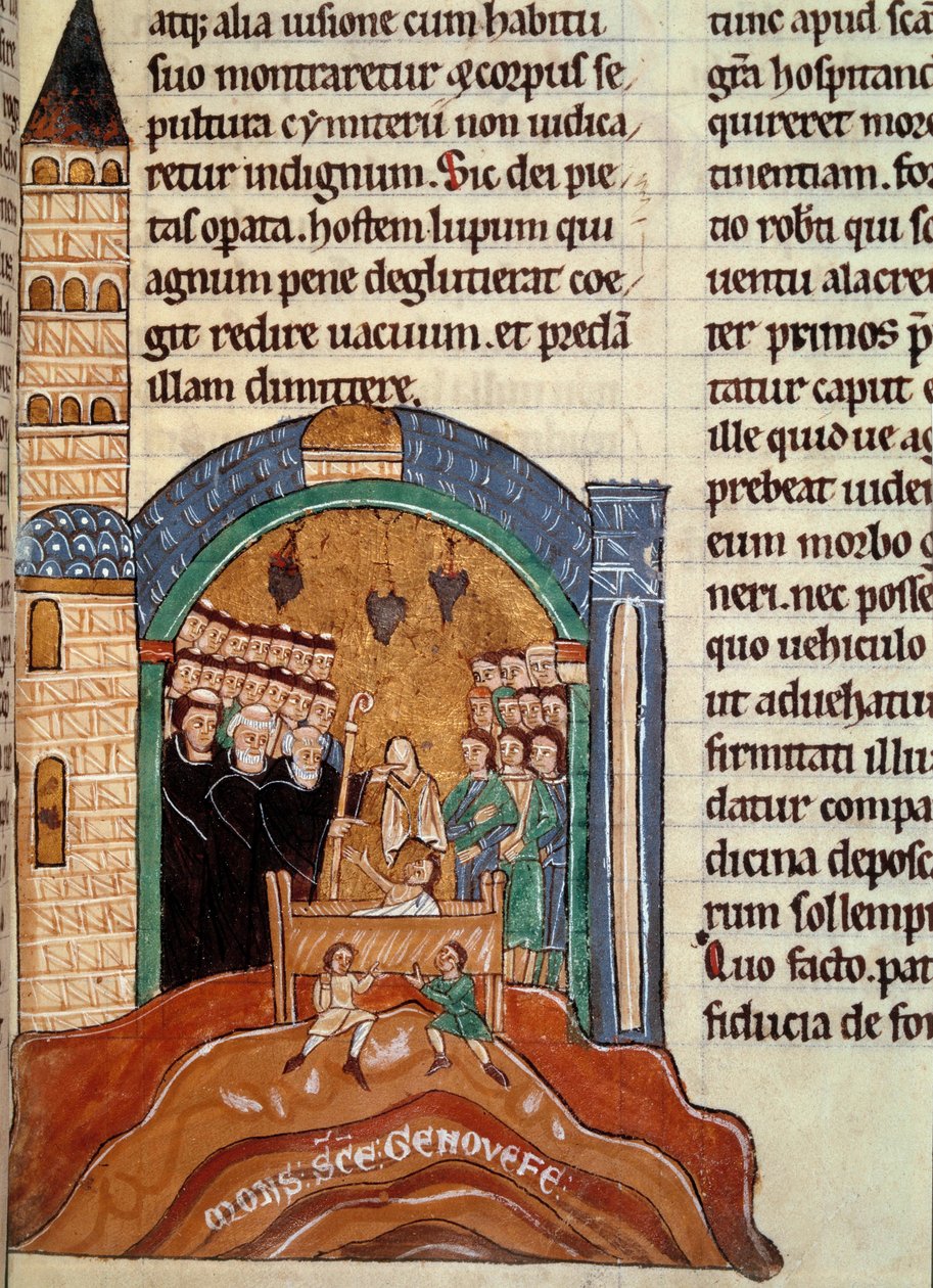 Saint Hugues de Cluny (1024-1109), Abbe av Cluny, räddar en död man i Paris. Miniatyr hämtad från en historisk och liturgisk samling av Unknown artist