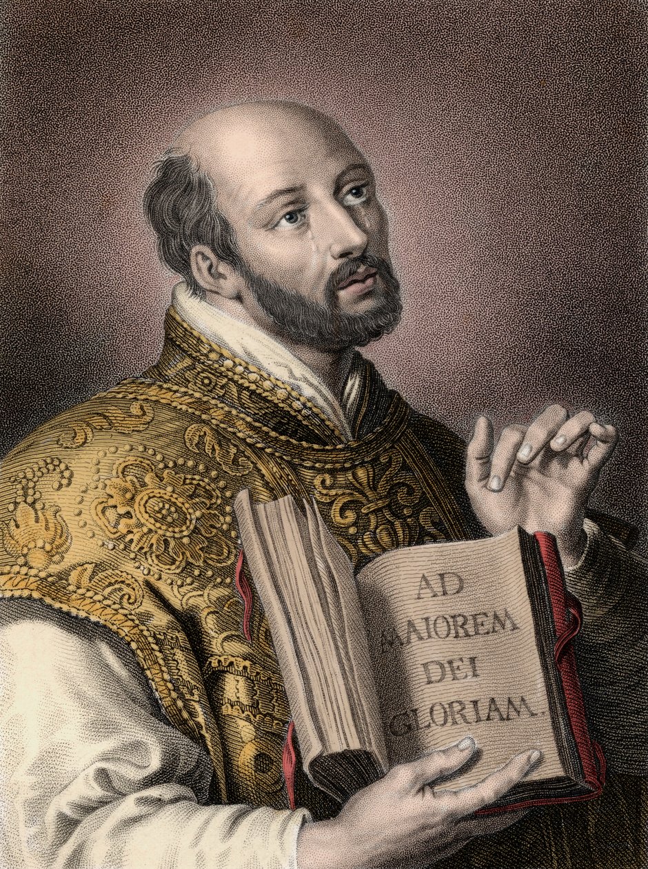 Porträtt av den helige Ignatius av Loyola (1491-1556), spansk teolog, med en bok med Jesu sällskaps latinska motto "" Ad maiorem Dei gloriam""" (För Guds större ära) Ignatius eller Saint Ignatius av Unknown artist