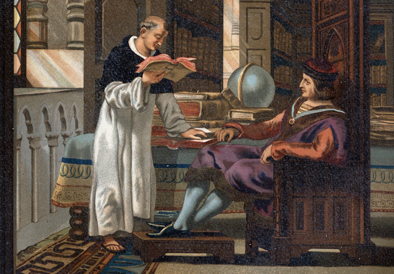 Saint Louis (1214-1270), kung av Frankrike, och hans rådman Saint Vincent de Beauvais (ca 1190-1264), efter "La Ciencia y sus Hombres par Louis Figuier". Barcelona 1881 av Unknown artist