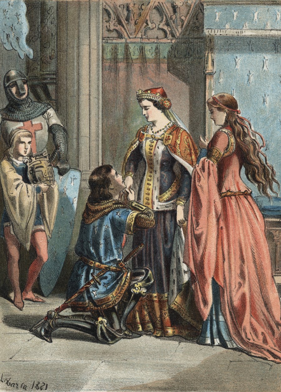 Saint Louis (1214-1270), kung av Frankrike, och hans mor Blanche de Castille (1188-1252). gravyr från 1881 i "Skönhetskulten" av Juan Justo Huguet, Molinas Hermanos editores av Unknown artist