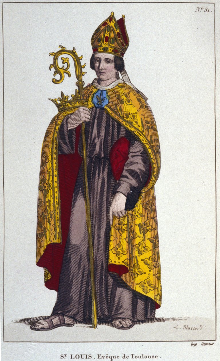 Saint Louis av Toulouse eller Saint Louis av Anjou. Lille brorson av Saint Louis (1274 till 1297), biskop av Toulouse. gravyr från 1830 av Unknown artist