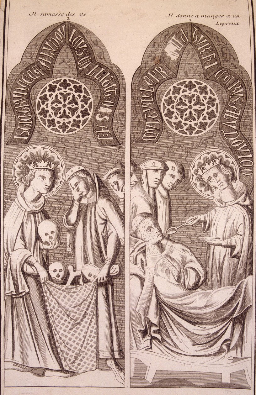 Saint Louis plockar upp ben och ger spetälska mat av Unknown artist