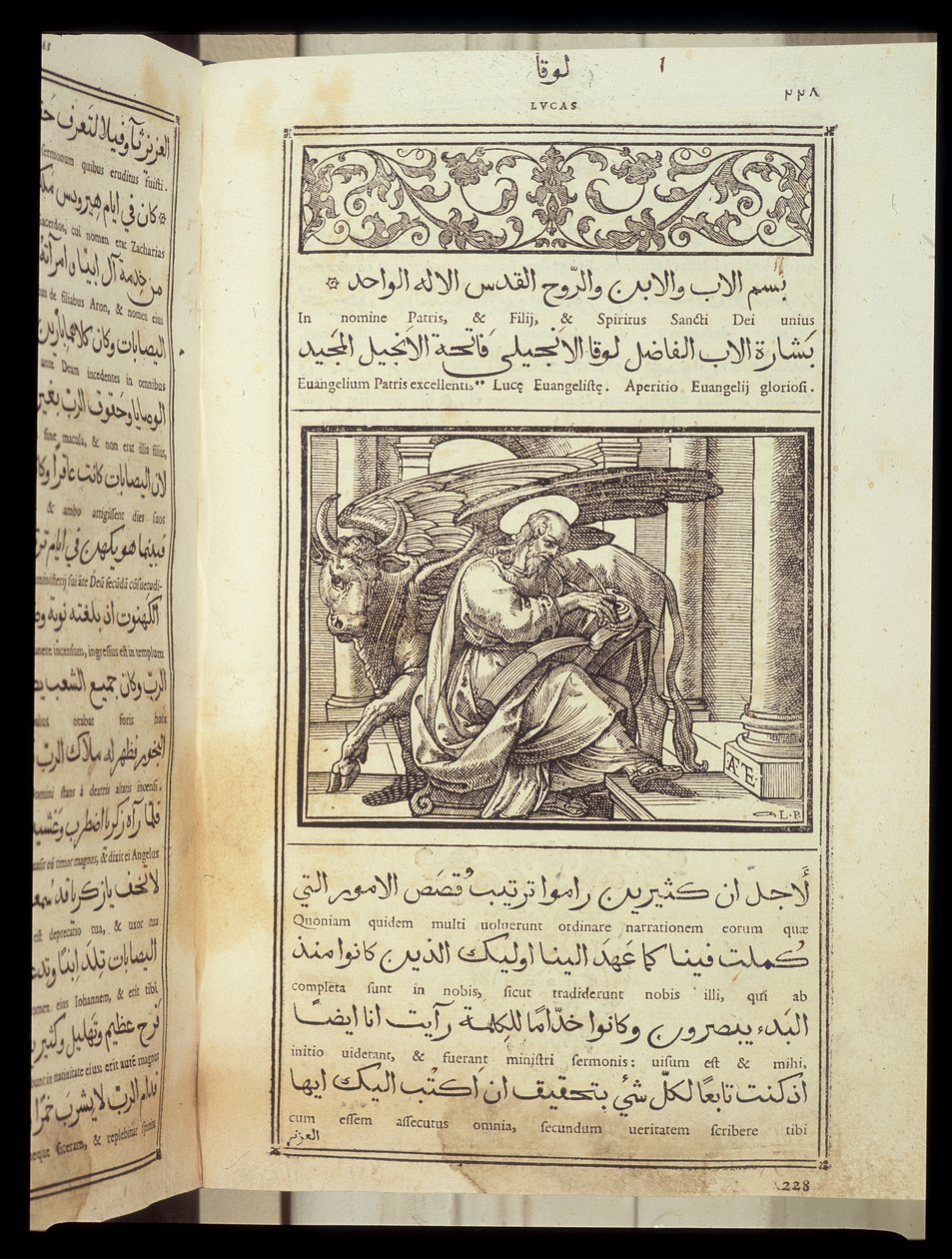 Saint Luke the Evangelist i "Bibeln"" skriven på latin och arabiska. av Unknown artist