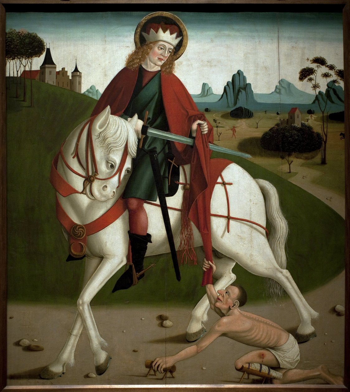 Sankt Martin och tiggaren. Han klippte av sin rock för att ge den till en tiggare. anonym målning, omkring 1490. Magyar Nemzeti Galleria, Budapest, Ungern. av Unknown artist