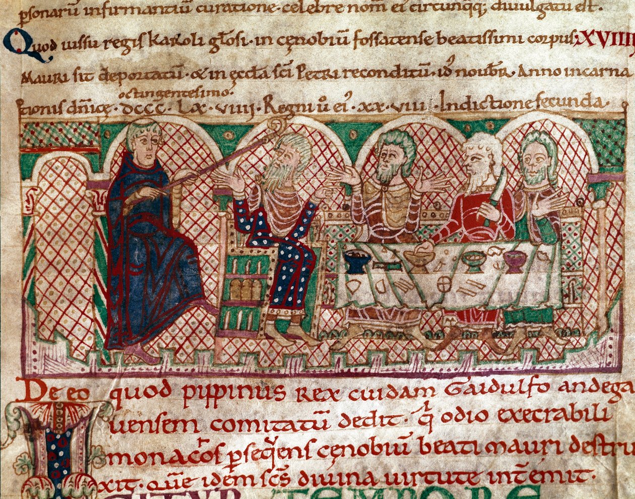 Saint Maur (512-584) grundare av klostret Flanfeuil (Saint Maur) i Anjou tas emot vid bordet av Gaidulfe av Ravenna, munkarnas förföljare och straffar honom Miniature from Life and Miracles of Saint Maur” (ms 2273) 1100-1140 Kommunbibliotek av Unknown artist