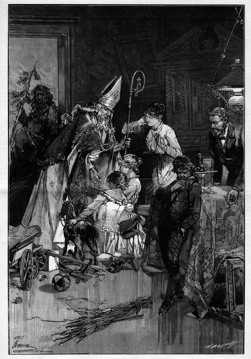 Saint Nicholas (Saint Nicholas) festival i Lorraine som ger barn leksaker. Han åtföljs av compere djävulen som ger honom yards. Gravyr i "" Le Monde Illustré"" av Unknown artist