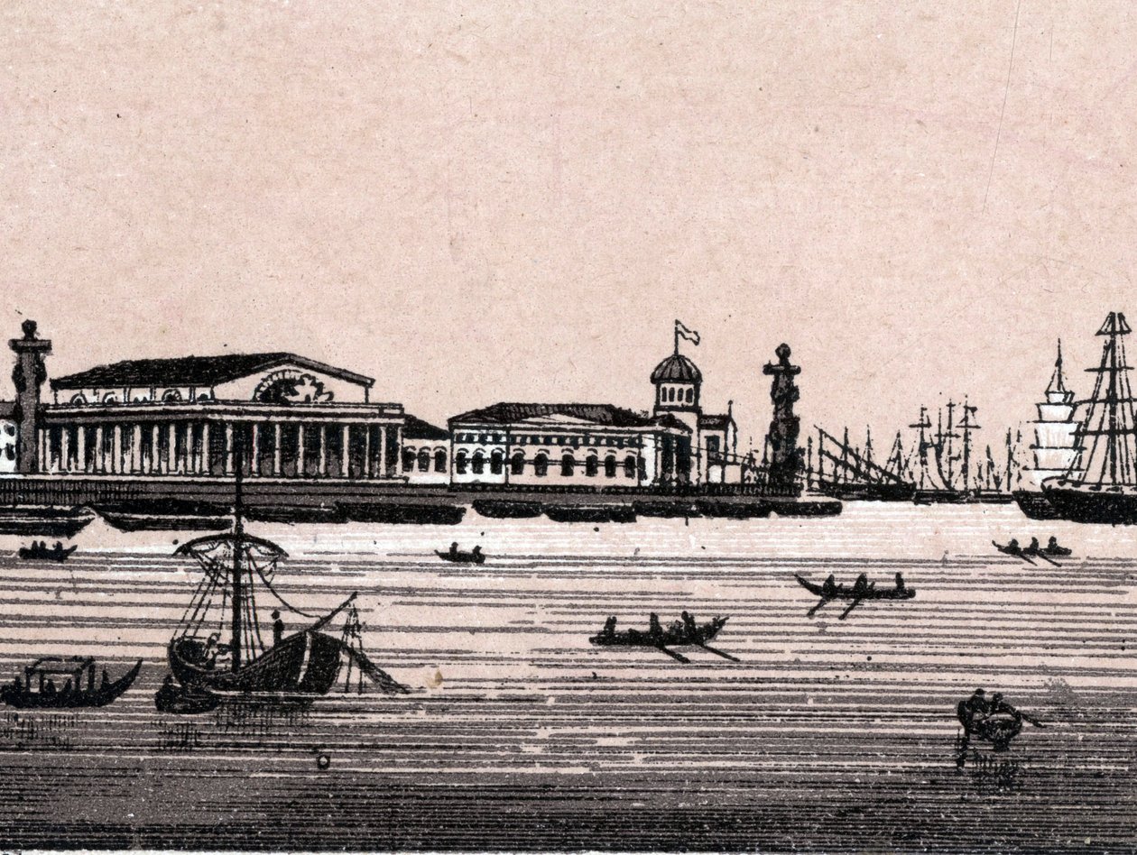 Sankt Petersburg, Ryssland: utsikt över floden Neva och Exchange i Sankt Petersburg. i "" Världen illustrerar 168 vyer"" Odaterat (slutet av 1800-talet) av Unknown artist