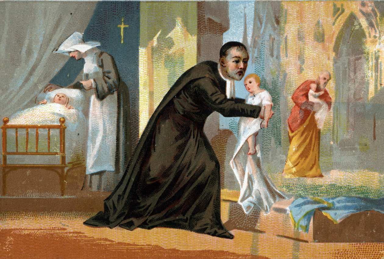 Saint Vincent de Paul (1576-1660), känd för sin välgörenhet, skapare av sjukhuset för hitta barn. Kromolitografi av 1800-talet. av Unknown artist