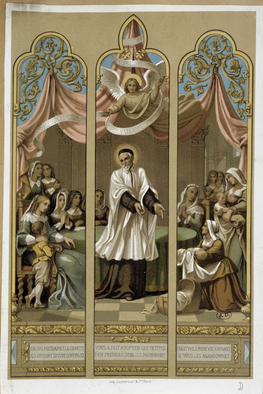 Saint Vincent de Paul etablerade arbetet med Enfants Found - enligt målat glas 18:e (?). av Unknown artist