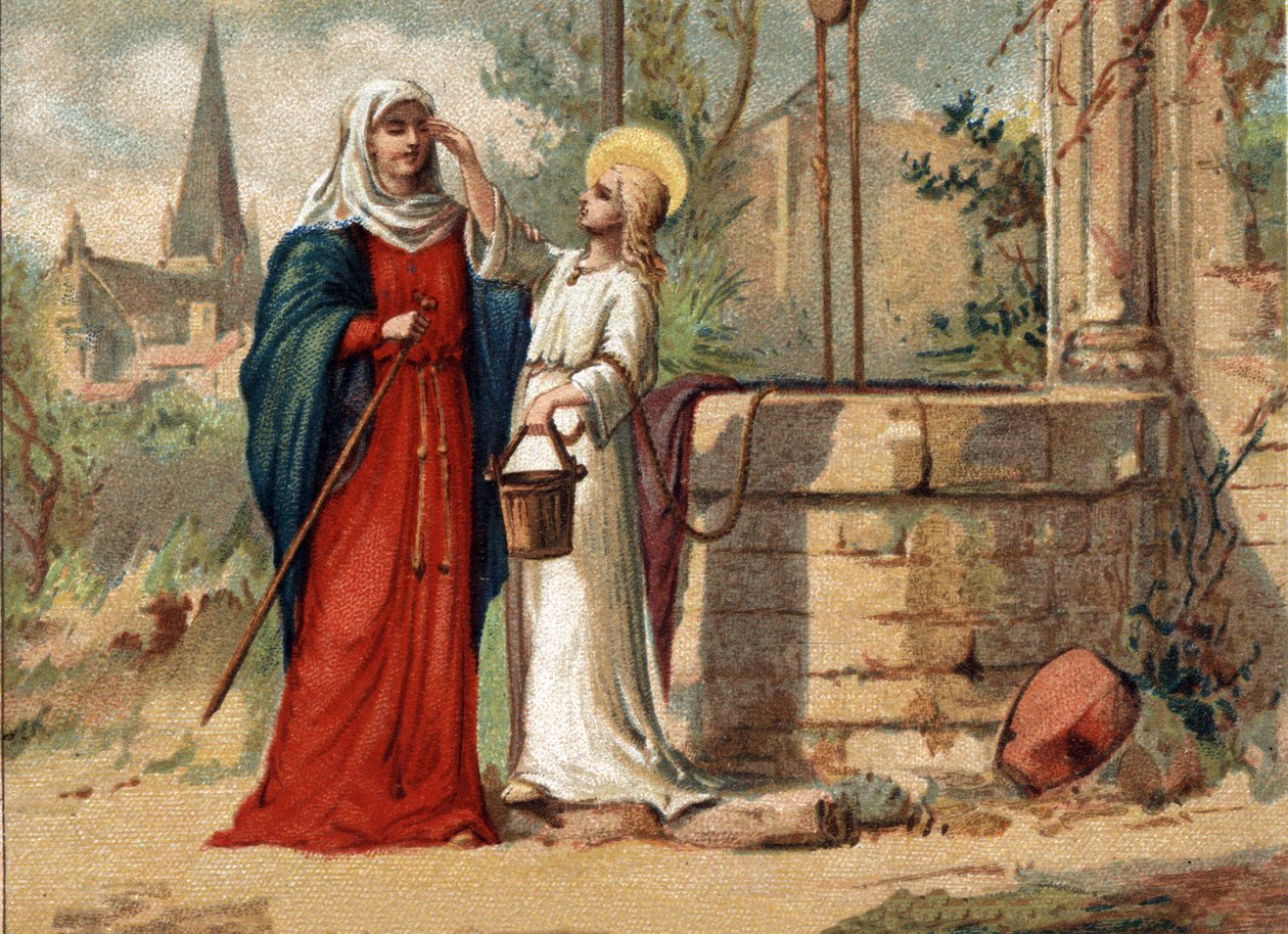 Sainte Genevieve (422-502), skyddshelgon för Paris ger syn åt sitt hav. Kromolitografi omkring 1890. av Unknown artist