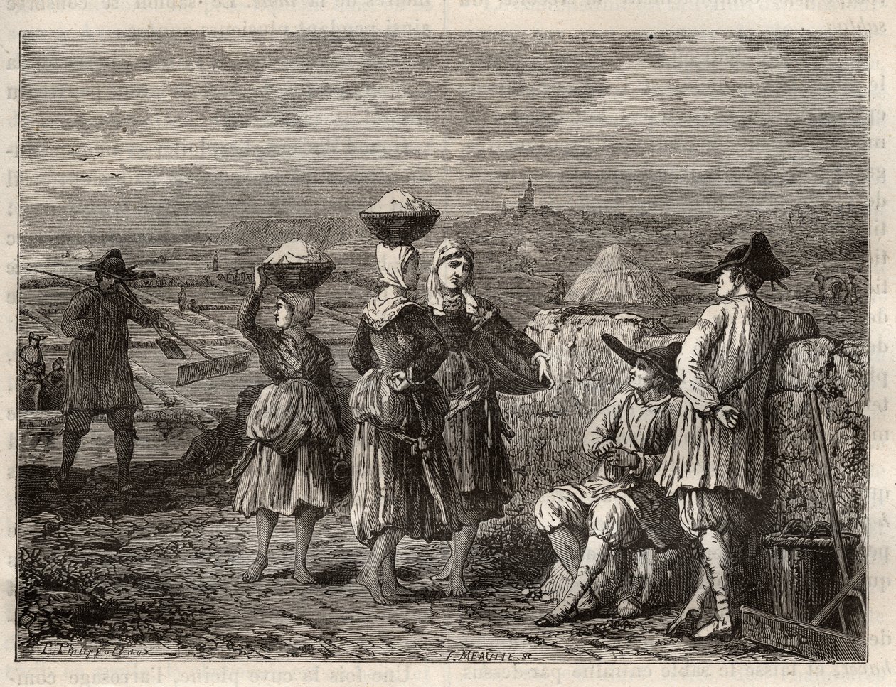 Saltavdunstningsdamm i Bretagne - Paludiers och sauniers i Bretagne (Frankrike), saltmarker - gravyr i 