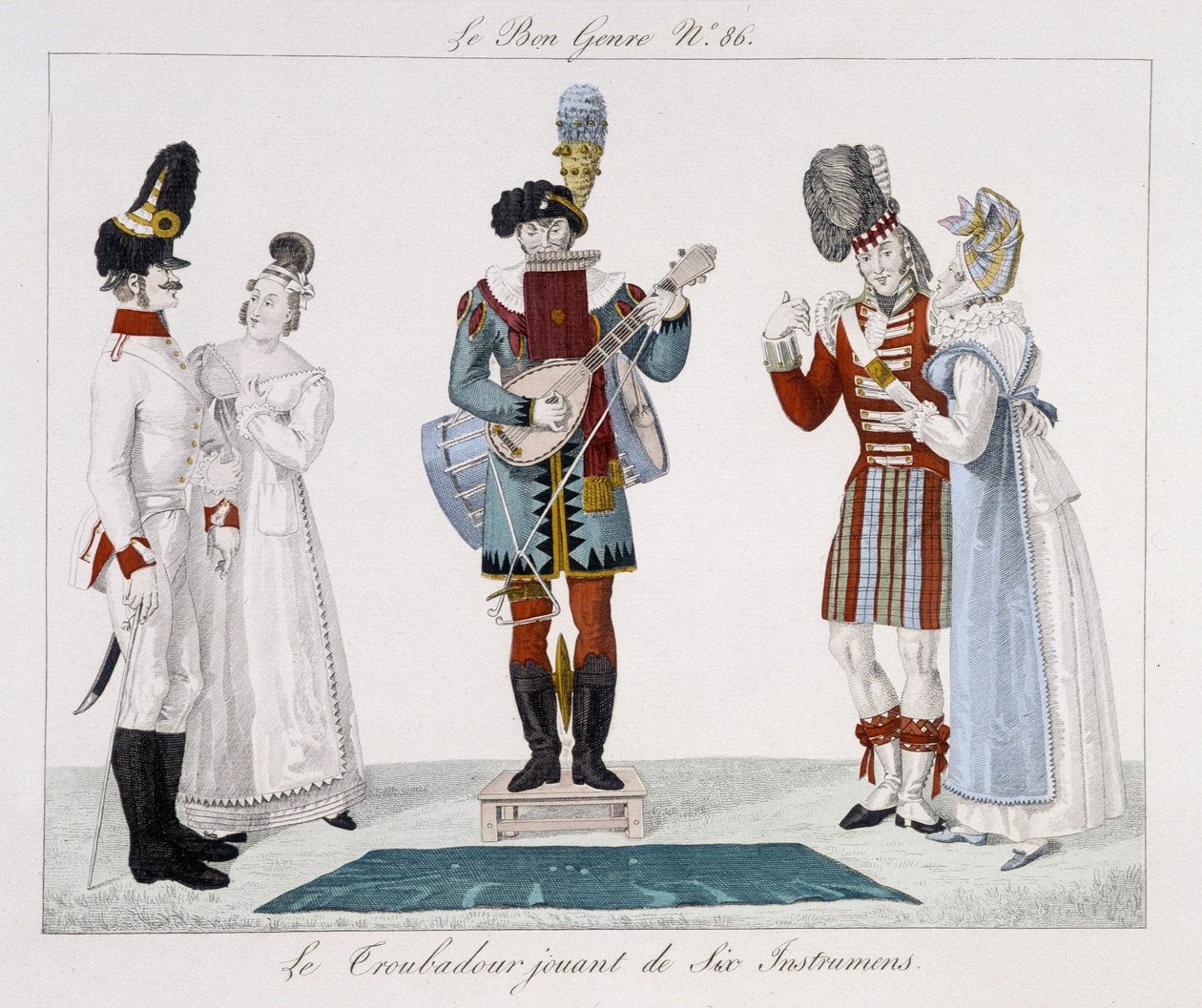 Saltimbanks: Trubaduren spelar sex instrument - i "" Le bon genre"", deb. 1800-talet av Unknown artist