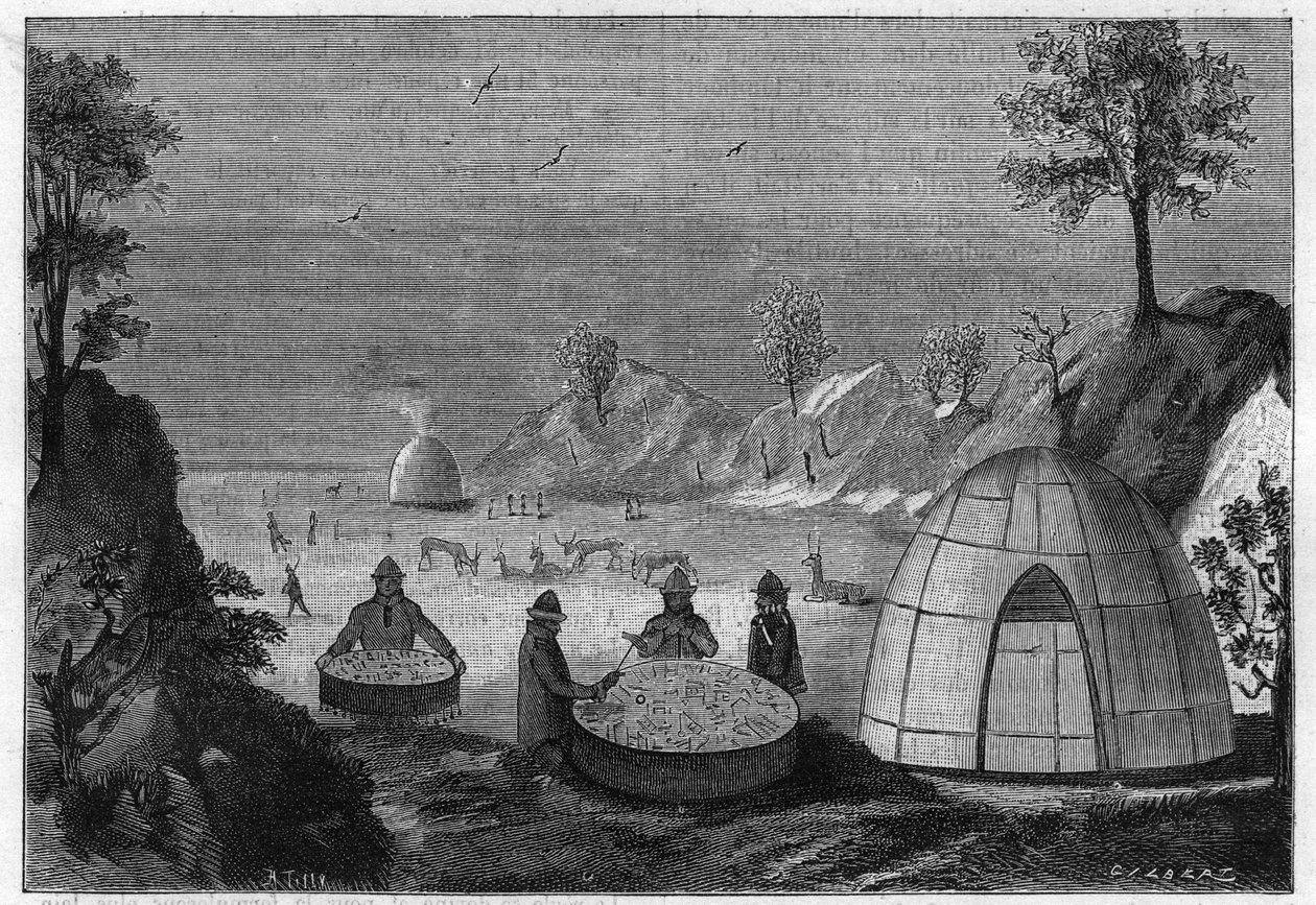 Samisk trollkarl som förutspår framtiden med hjälp av en magisk trumma. Gravyr från 1885. av Unknown artist