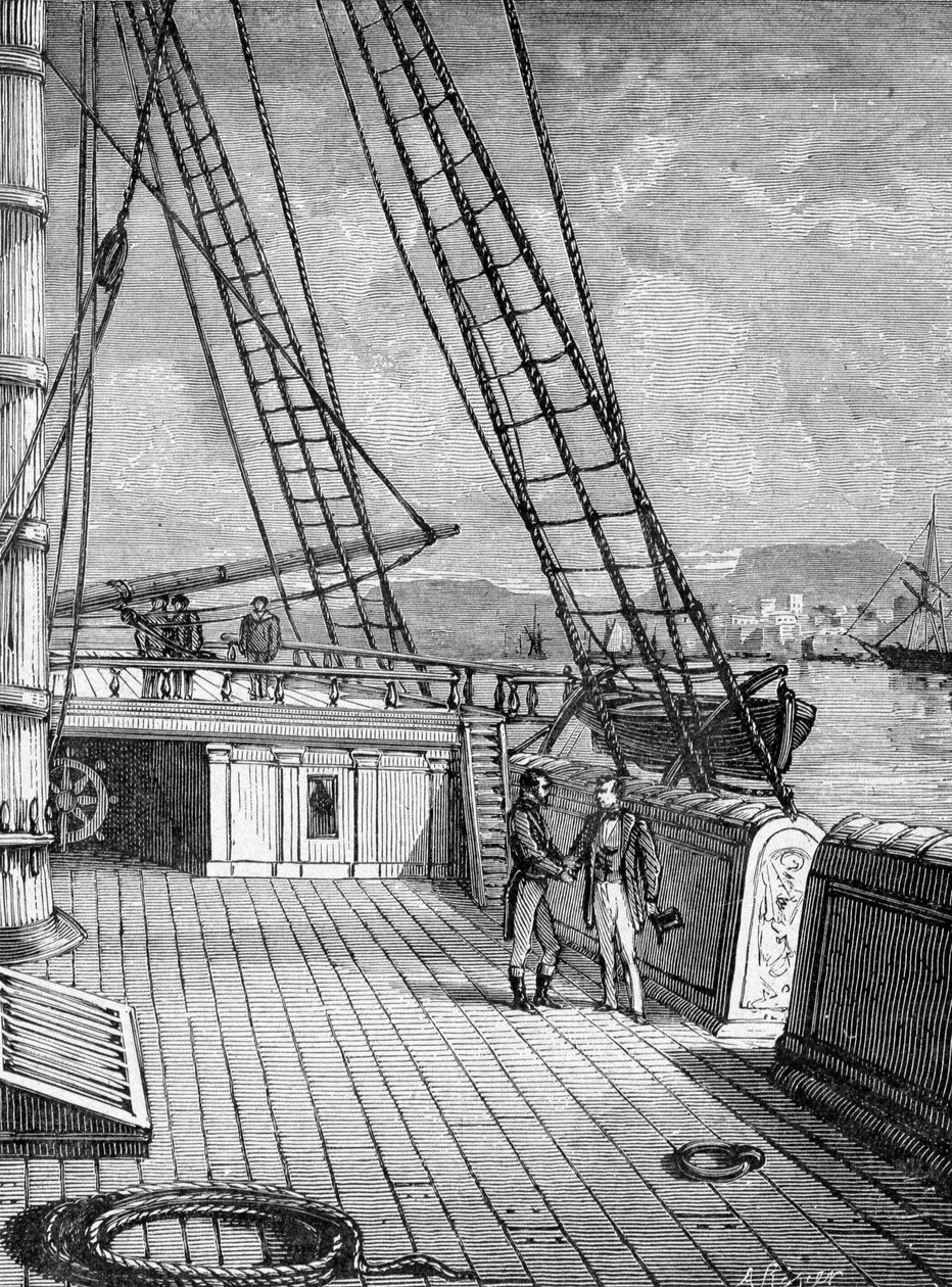 Samuel Morse (1791-1872), uppfinnare av den elektroniska telegrafen (1844) och Morse-alfabetet ombord på linern "Sully" 1832. Gravyr 1800-talet av Unknown artist