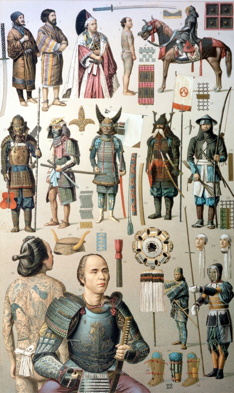 Samurai kostymer, vapen och rustningar. 1800-talet. av Unknown artist