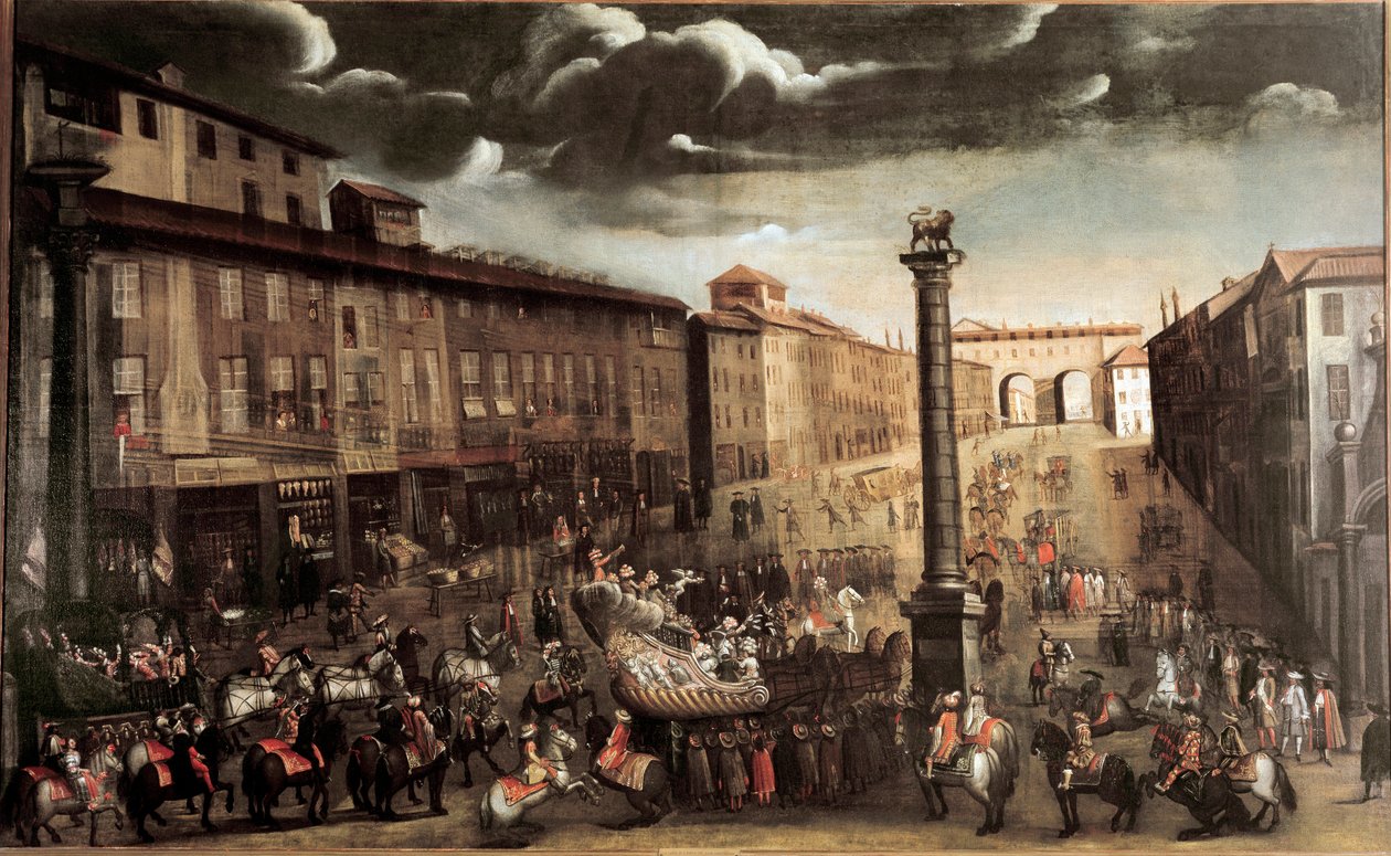 San Babila-torget under karnevalen, Milano (målning, sent 1600-tal) av Unknown artist