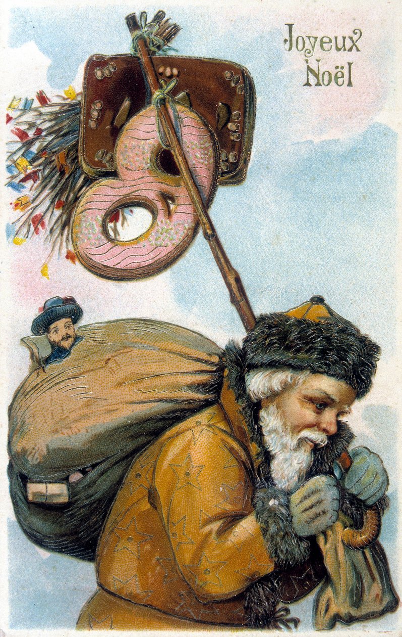 Jultomten bär presenter på ryggen. av Unknown artist