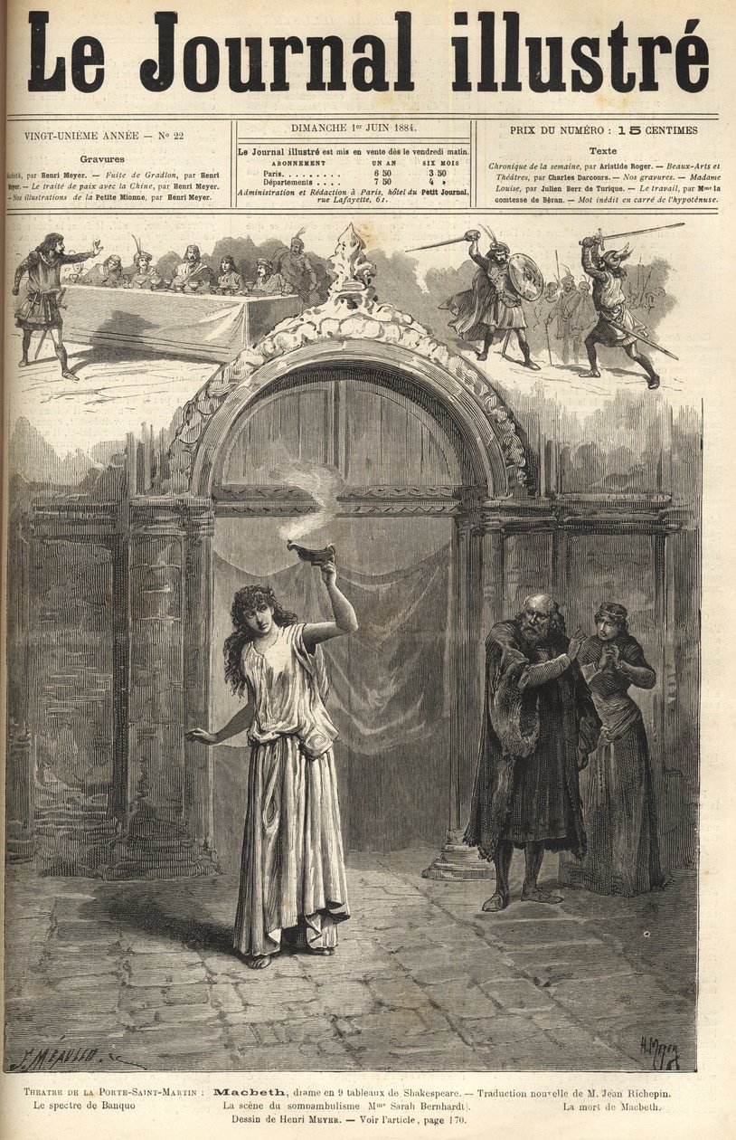 Sarah Bernhardt: Lady Macbeth i "" Macbeth", drama av Shakespeare, bearbetad av Jean Richepin - Theatre de la porte Saint-Martin - gravyr i "Le journal illustrious"" från 1884 av Unknown artist