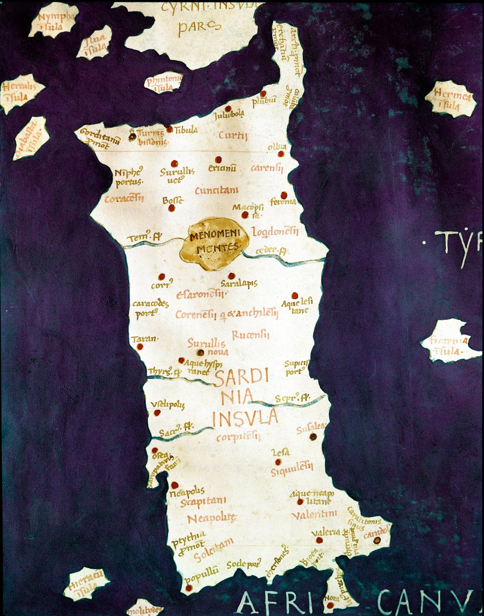 Sardinien (Sardegna). Detalj av en geografisk karta som åtföljer "Cosmographia"" (Geografi) av Claude Ptomelee (2:a århundradet e.Kr.), Neapel från slutet av 1400-talet, Biblioteca dei Gerolamini av Unknown artist