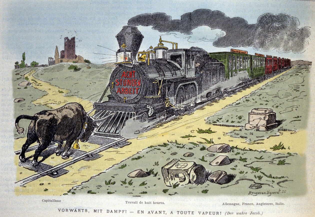 Satirisk allegorisk vinjett: kapitalismens tjursymbol försöker stoppa arbetsreformens tåg. Varje vagn är designad för ett land: Tyskland, Frankrike, England, Italien 1897 av Unknown artist