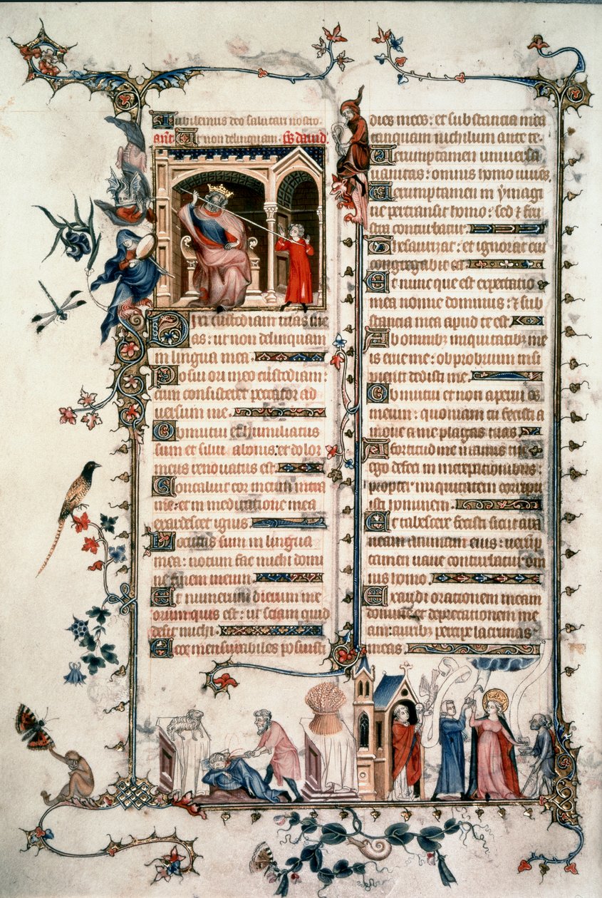 Saul hotar David, Kain dödar Abel, Allegorier om eukaristin och välgörenhet. Breviary of Belleville. 1323-1326. Ms. Lat. 10483 fol.24v. - Jean Maid. Belleville Breviary av Unknown artist