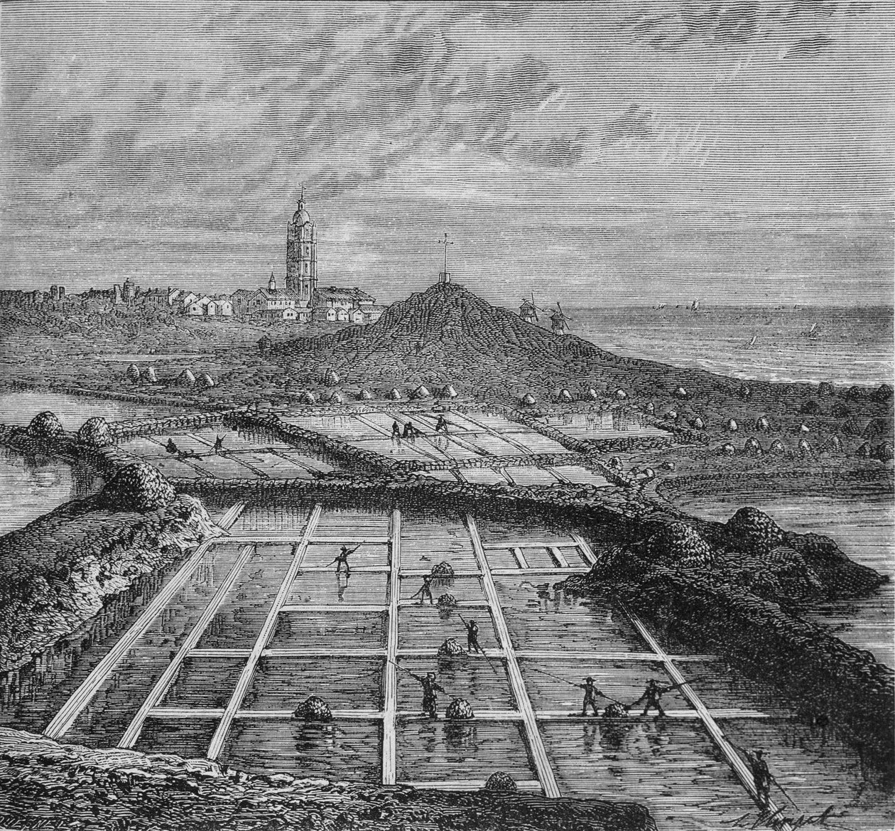 Sauniers i ett saltkärr i Bourg de Batz, nära Croizic (Bretagne) under perioden av Saunage. I "Industrys underverk"" av Louis Figuier. av Unknown artist