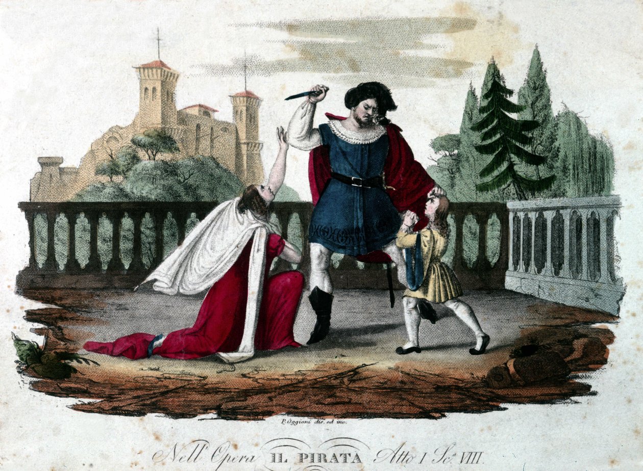 Scen 8 i akt V av "" Il pirata"" (Piraten) av Vincenzo Bellini. Coloree gravyr från 1827. Uruppförande på teatro alla Scala. av Unknown artist