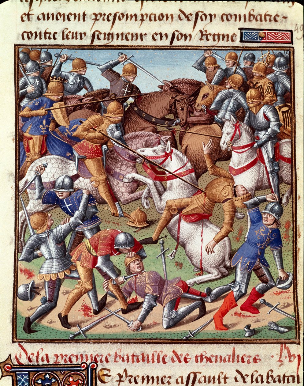 Stridsscenen Miniatyr i "" Le Miroir historial"" (Speculum Historiale) (ms. 1196 fol. 408 r.) av Vincent de Beauvais (1190-1264) översatt till franska av Jean de Vignay av Unknown artist