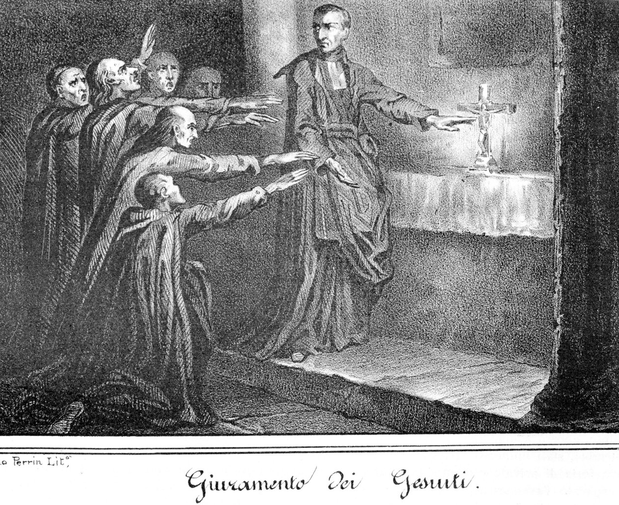 Scen som visar jesviter som avlägger ed. Gravyr från slutet av 1800-talet. av Unknown artist