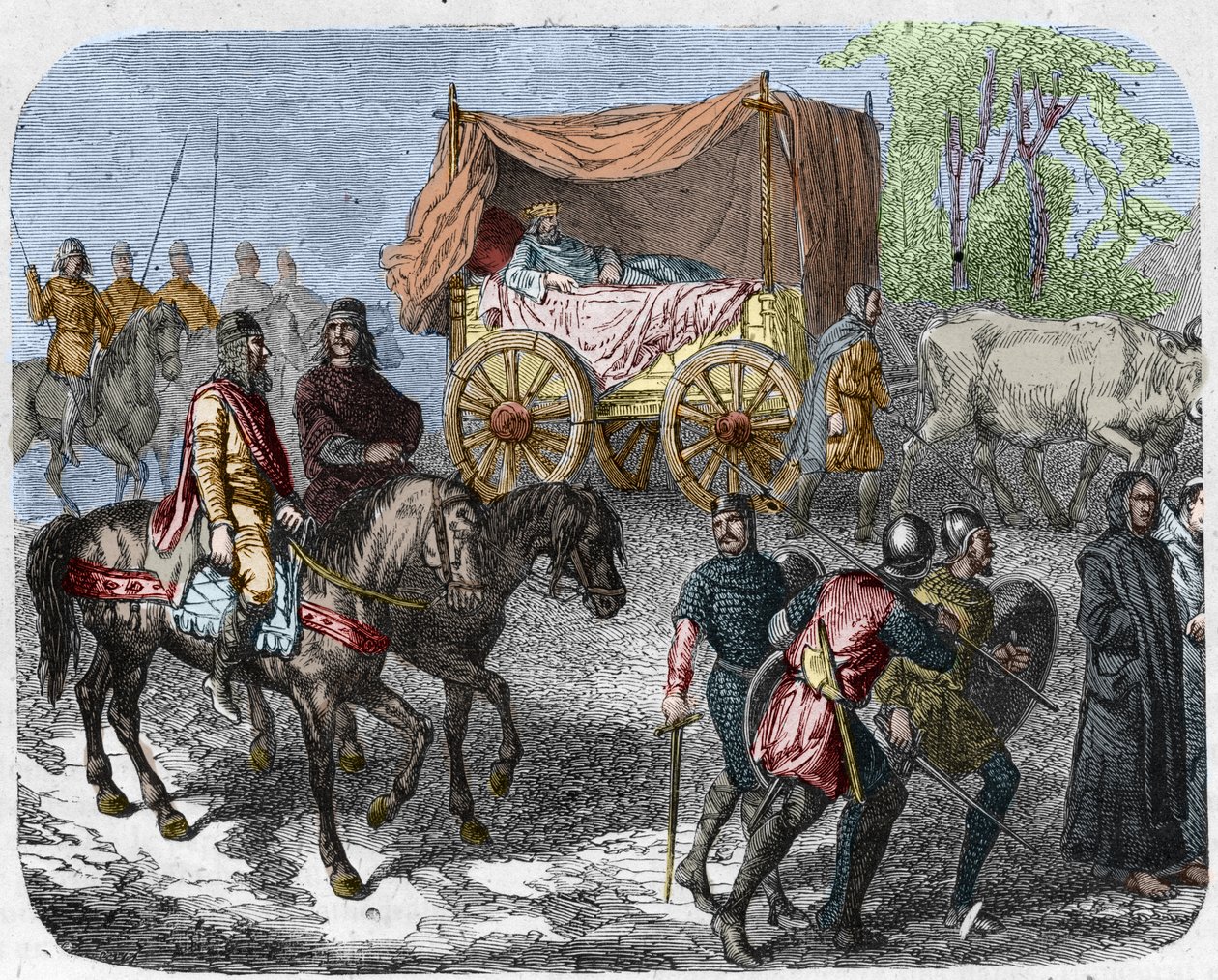 Scen som föreställer de lata kungarna: Kungen av Frankrike Thierry III (673-691) bär i en tank med en säng dragen av oxar. av Unknown artist