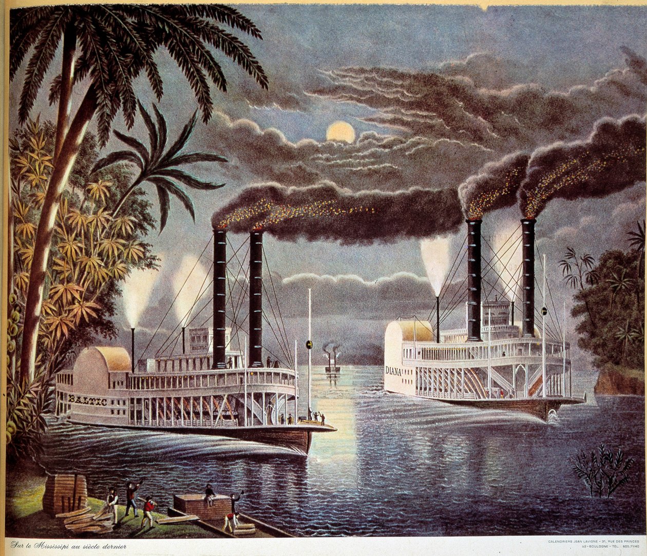Scen för båtnavigering på Mississippifloden i USA. 1800-talet. Paris, Dekorativ konst av Unknown artist
