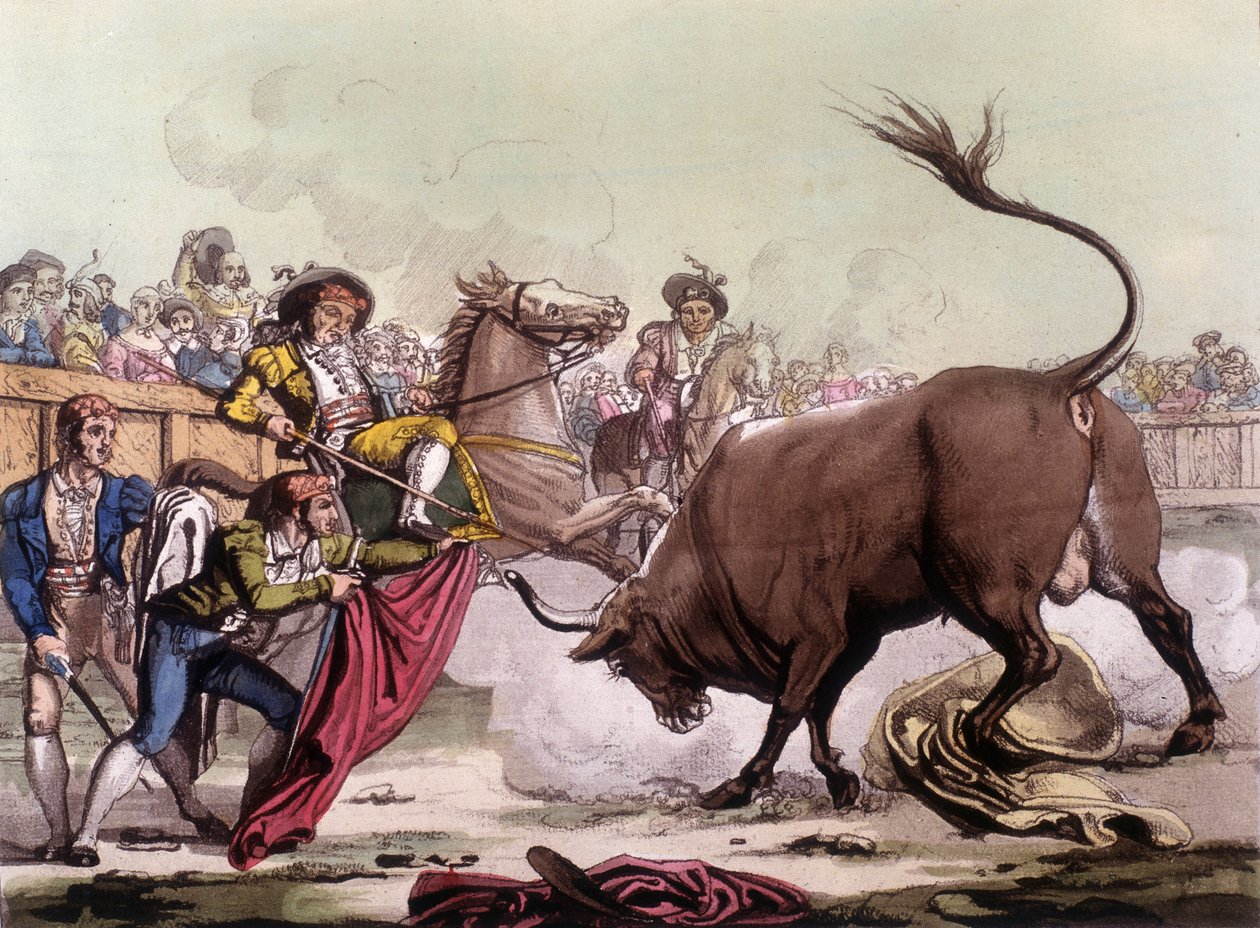 Scen för tjurfäktning i Spanien, cirka 1820. av Unknown artist