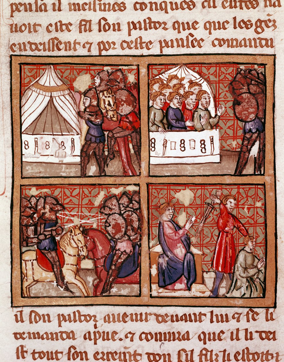 Scen för konfrontation mellan två fiendeläger, en avrättning längst ner till höger. Sida av ett 1300-talsmanuskript Biblioteca Marciana Venedig av Unknown artist