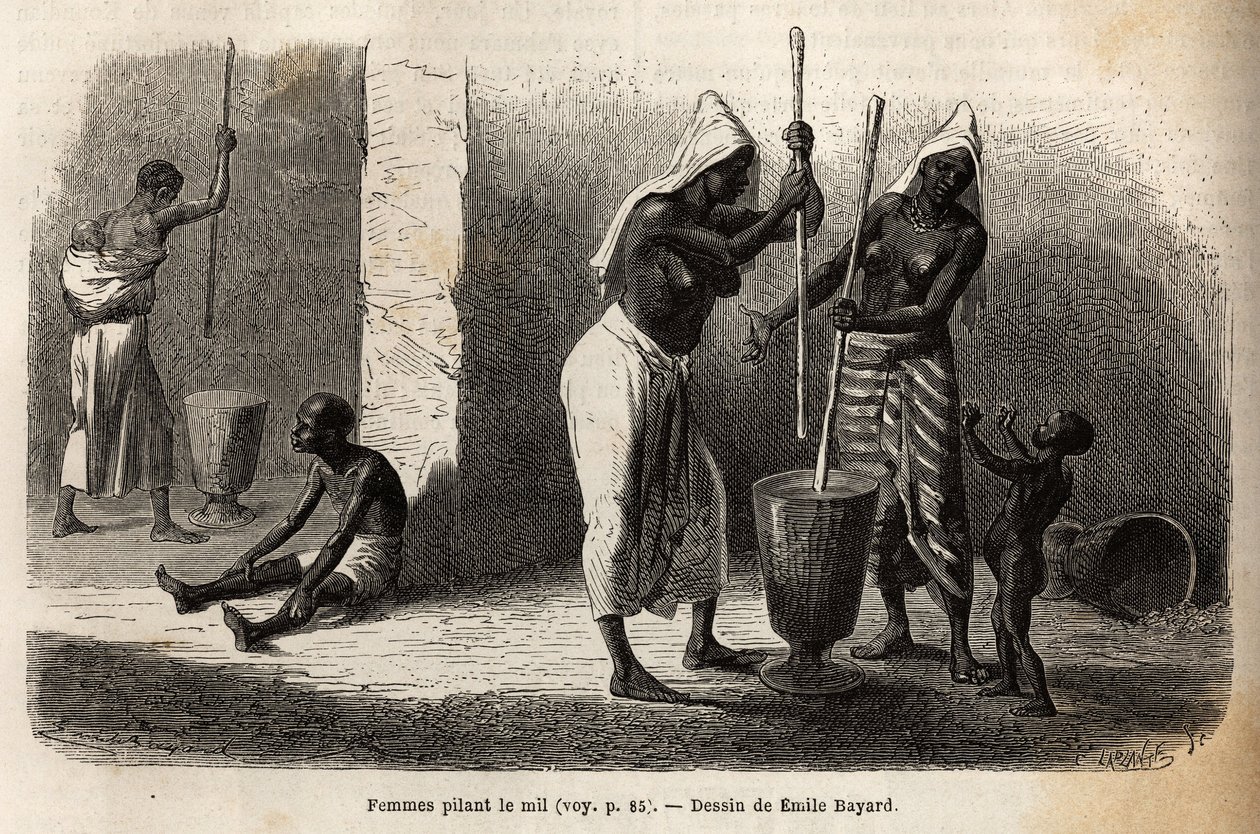 Scen i det dagliga livet: kvinnor som dunkar hirs, i Sekou (Niger), omgiven av barn. Gravyr för att illustrera resan till västra Sudan av löjtnant (marinen) M. Mage, 1863-1866, publicerad i "Le tour du monde, nouveau journal des voyages", under dir. av Unknown artist