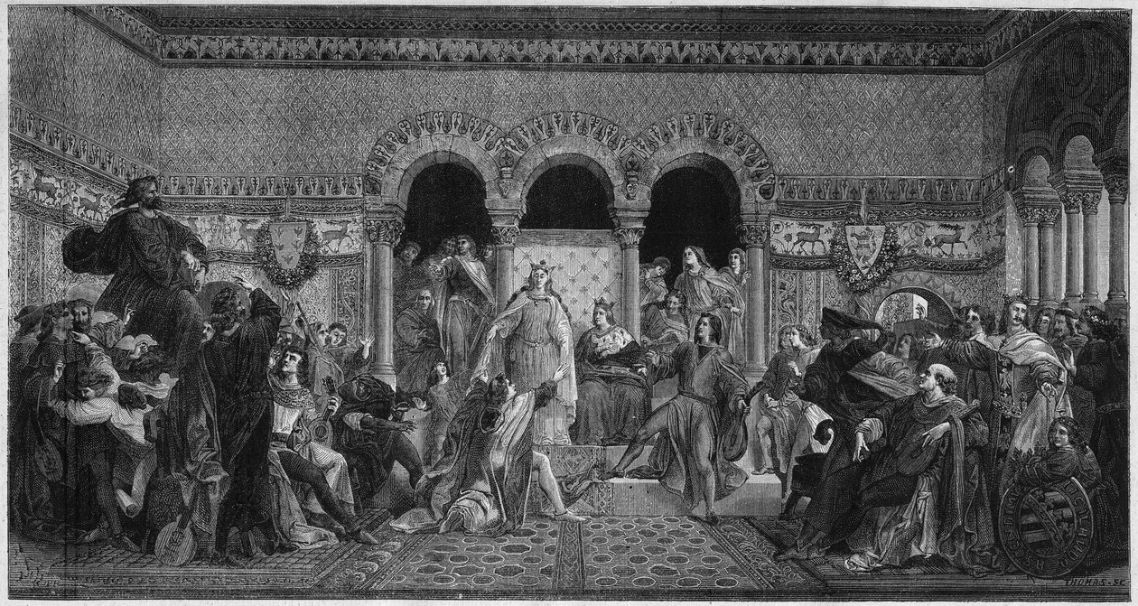 Scen av den heliga Elizabeth av Ungerns liv (1207-1231). Gravyr från 1878 från en väggmålning av Maurice de Schwindau, poetrummet på slottet Wartbourg. av Unknown artist