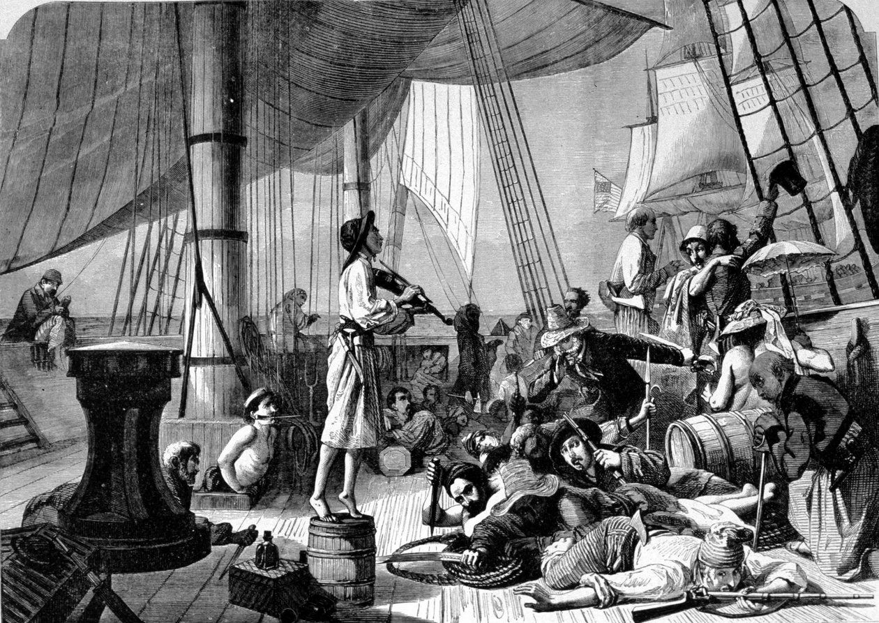 Scen på däcket av ett piratskepp. 1800-talsgravyr. av Unknown artist