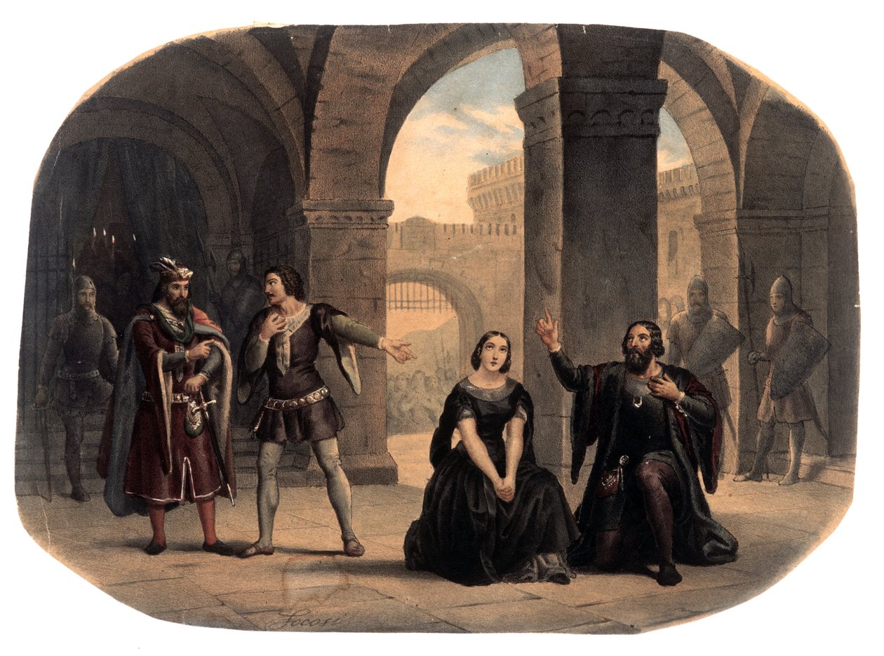 Scen tagen från operan "La forza del destino"" av kompositören Giuseppe Verdi (1813-1901) Illustration av slutet av 1800-talet av Unknown artist