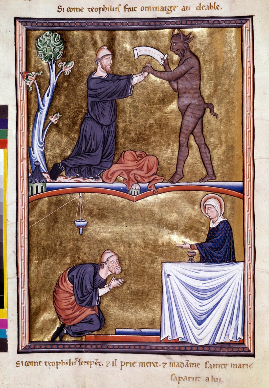 Scener ur munken Sankt Teofil den botfärdiges liv (600-talet). Han ropade till djävulen för att få honom ur tiggeriet. Han gjorde bot för resten av sitt liv. Miniatyr från “” Psalter of Ingeburg of Denmark””, cirka 1210. Sainte Genevieve Library av Unknown artist