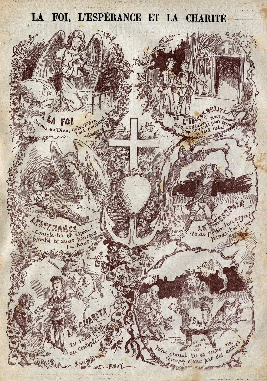 Scener som illustrerar tro, hopp, kärlek och deras motsats, inkredulit, desperation och egoism. Illustration i "" Le Pelerin"" den 27 mars av Unknown artist