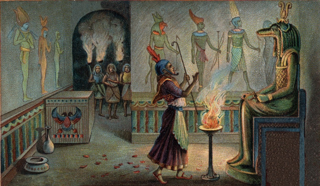 Scener of Missing Kingdoms: Begravningsceremonier i egyptiska mausoleer. Den återvunne farao, som i sin egenskap av tillbedjans överstepräst var ansvarig för offren för att hedra sina föregångare, är specifikt upptagen som officer inför guden av Unknown artist