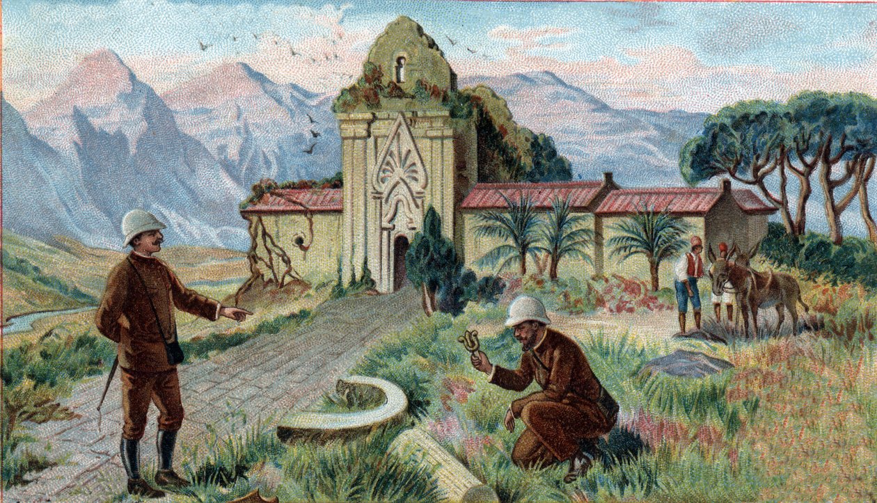 Scenes of Missing Kingdoms: Tempel i bergen i Qui-Nhon-provinsen i Kambodja. Kromolitografi av 1800-talet. av Unknown artist