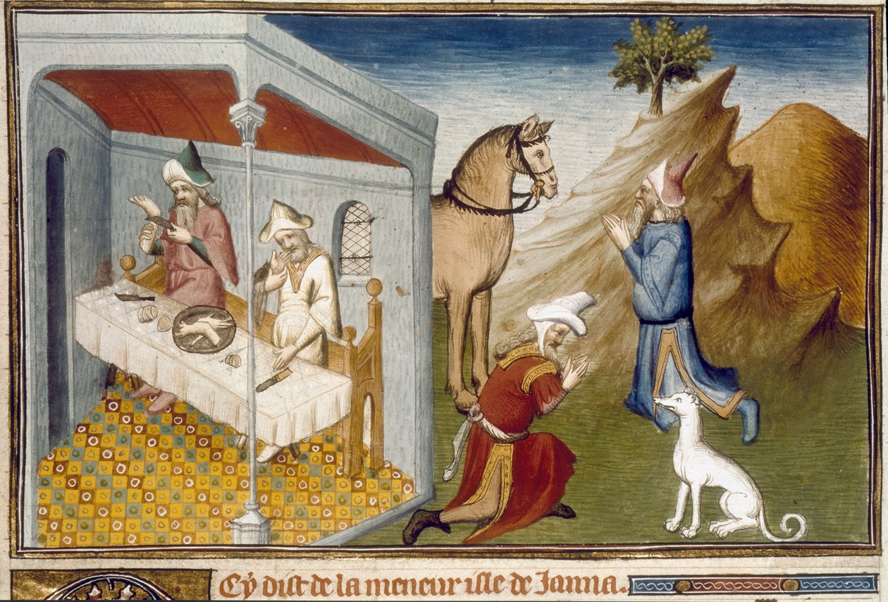Scener av antropofagi och avgudadyrkan i Sumatra Miniature hämtade från Marco Polo (1254-1324) av Unknown artist