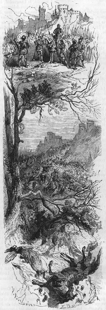 Scener av strider. Louis XI gav ett halsband till Raoul de Lannoi (1481), Combat de Therouanne (1480) och Marie de Bourgogne skadade av ett fall av en häst (1482). Gravyr av 1800-talet. av Unknown artist